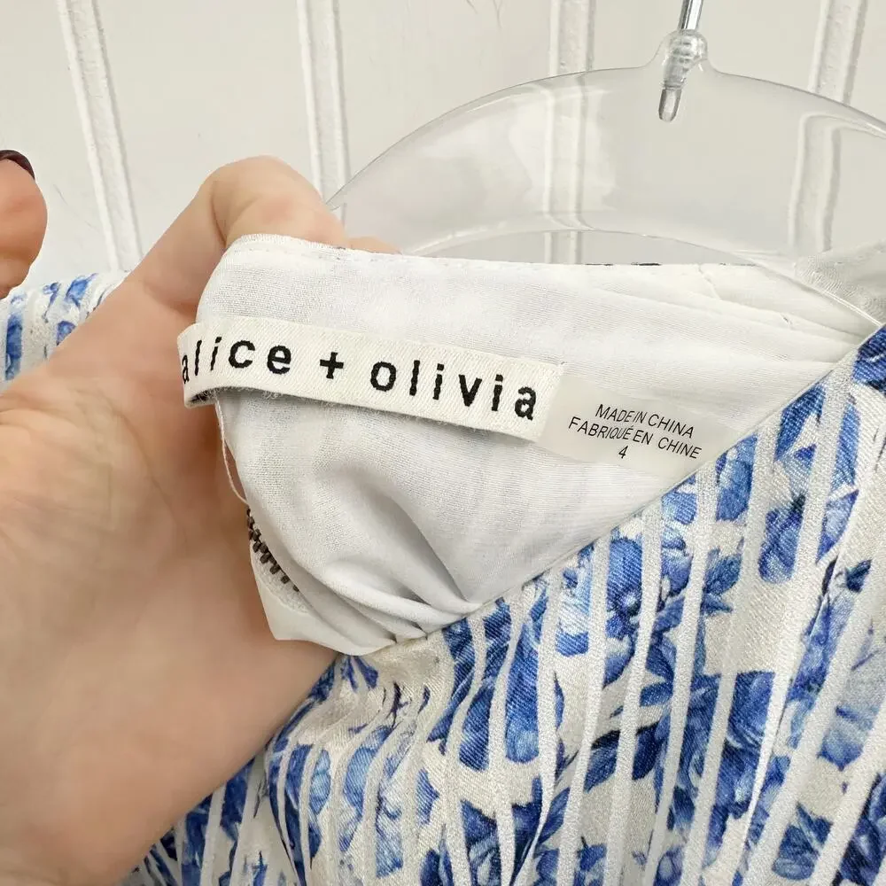 Alice + Olivia Molli Dress Blue White Floral Print Belted Long Sleeve Mini 4 - Picture 2 of 9